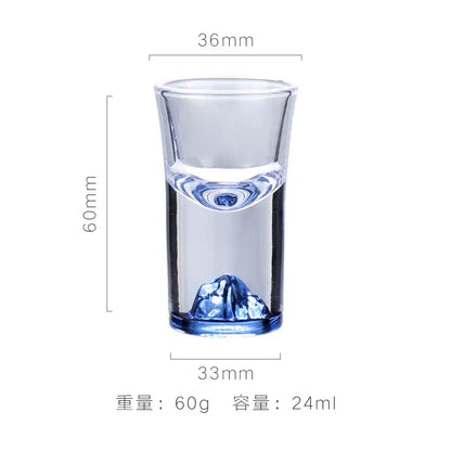 Clear glass decorbites blue sake glass with blue mountain ice design and swirling patterns for dining room use