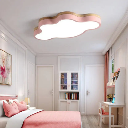 Pink cloud-shaped flush mount ceiling lamp with wooden trim designed for kids bedroom lighting