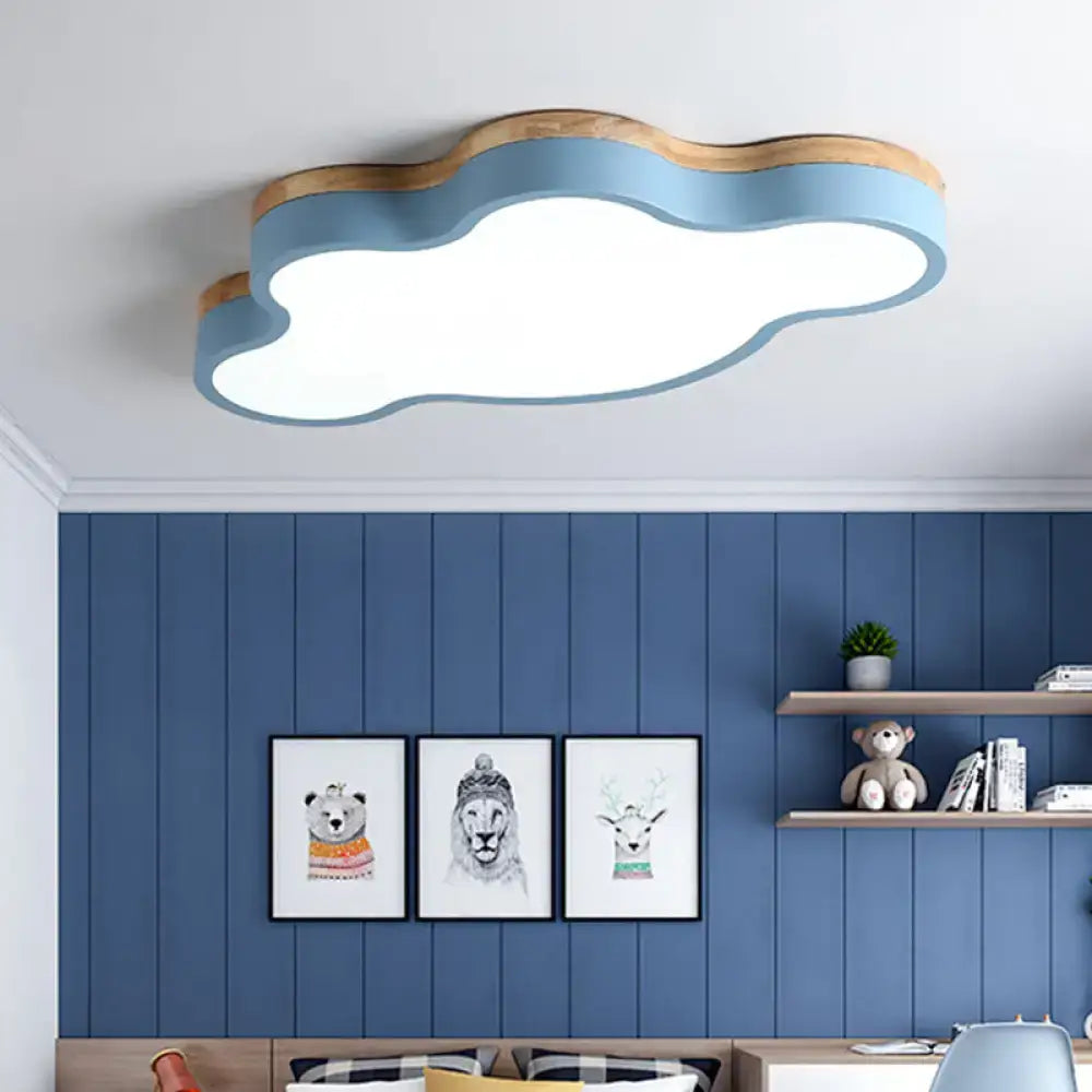 Blue and natural wood cloud flush mount ceiling lamp with wood accents for kids bedroom mount ceiling lamp