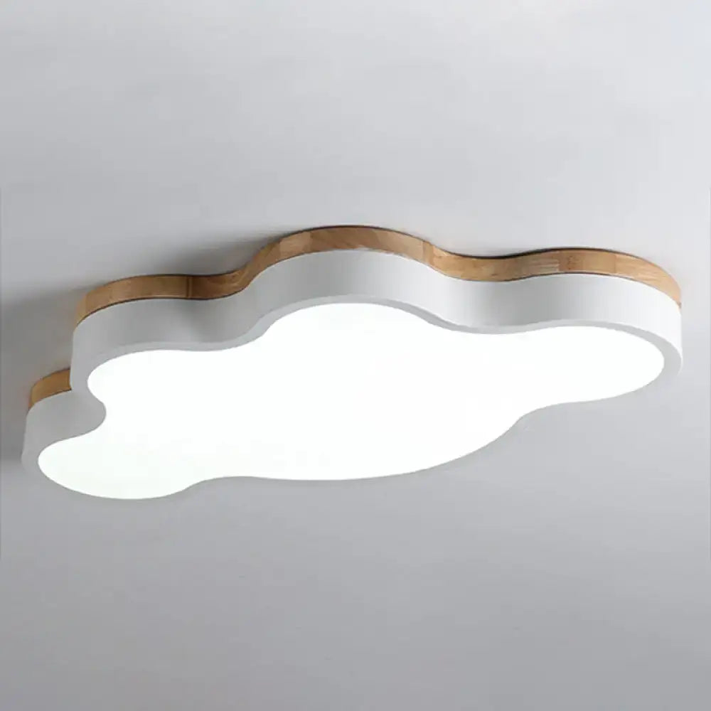 White cloud-shaped flush mount ceiling lamp with natural wood trim for kids bedroom mount ceiling light