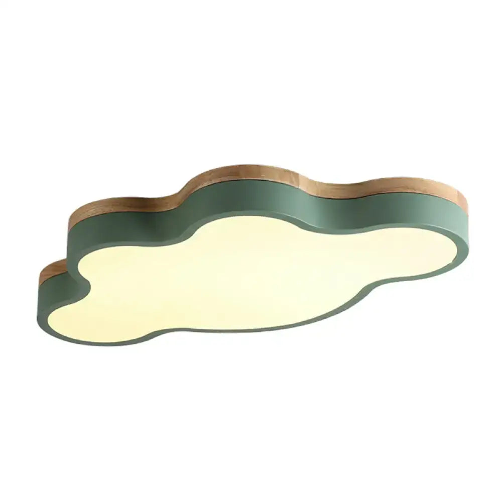 Blue and natural wood cloud flush mount ceiling lamp with matte green frame and warm light for kids bedroom