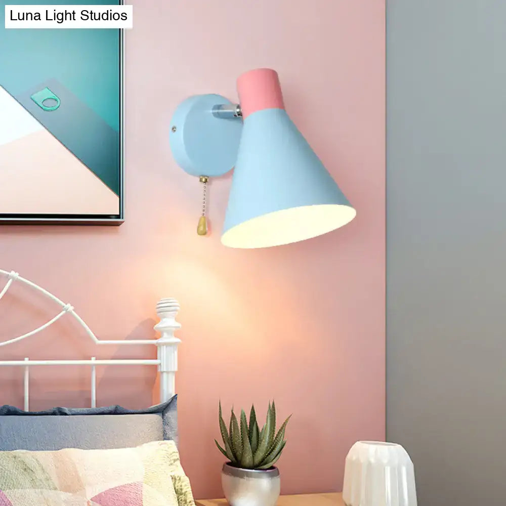 Pastel blue and pink two-tone metallic cone wall light with direct wired e26 e27 socket for bedroom use