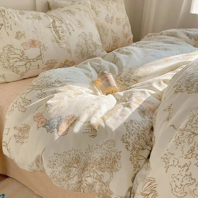 Cream-colored decorbites cotton cartoon printed bedding set featuring pastel peter rabbit illustrations in woodland scene