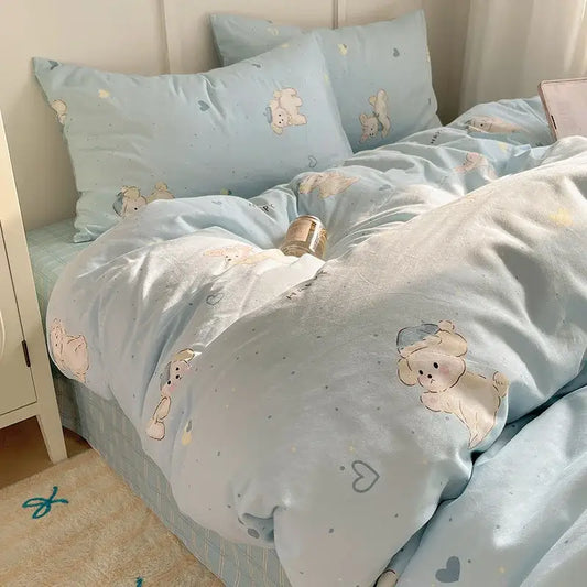 Light blue cotton cartoon printed bedding set featuring cute poodles and heart motifs for bedroom decorbites collection