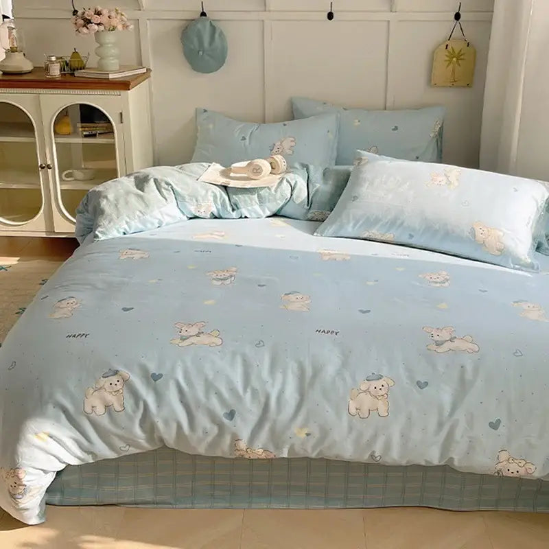 Light blue bedding set with cotton cartoon printed soft white dog and heart pattern decorbites cotton cartoon design