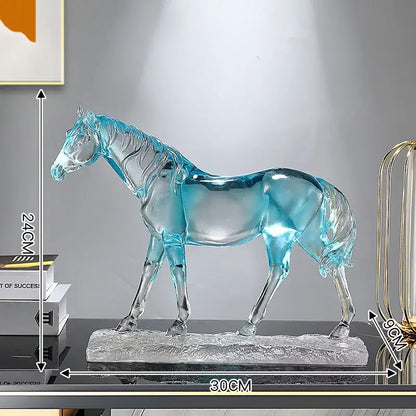 Translucent blue glass horse resin ornament with detailed musculature and glossy finish by decorbites for living room decor