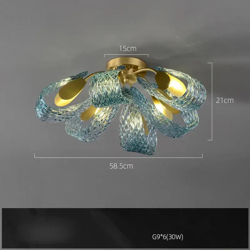 A blue queen crystal glass cascading chandelier with gold tone base and blue petals framing warm bulbs