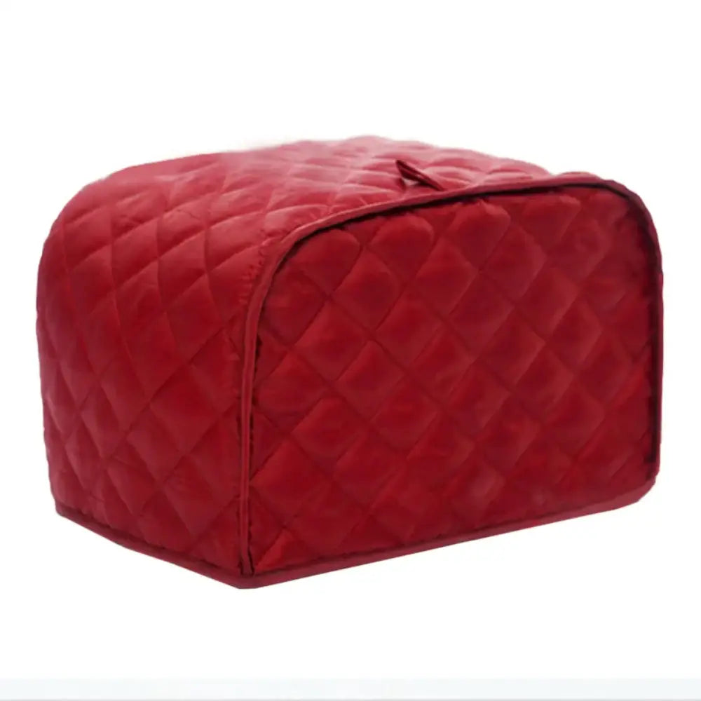 Red quilted fabric bread box cover with diamond stitching pattern as a stylish slice toaster cover protector