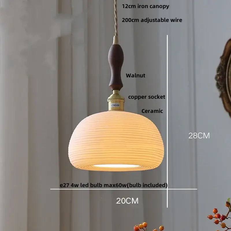 Warm-toned decorbites ceramic led pendant lamp with ribbed texture, walnut handle, and brass copper socket for kitchen decor