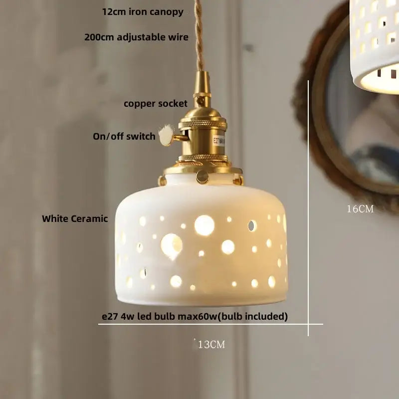 White ceramic led pendant lamp with brass-finished copper socket and adjustable wire suspension by decorbites ceramic led