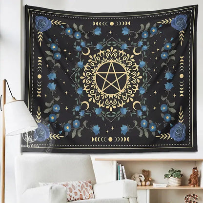 Black tapestry wall hanging featuring a gold pentagram with blue rose moon floral and crescent moon decorbites blue rose design