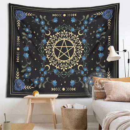 Black tapestry wall hanging with gold pentagram blue floral patterns and moon phases for decorbites blue rose moon decor