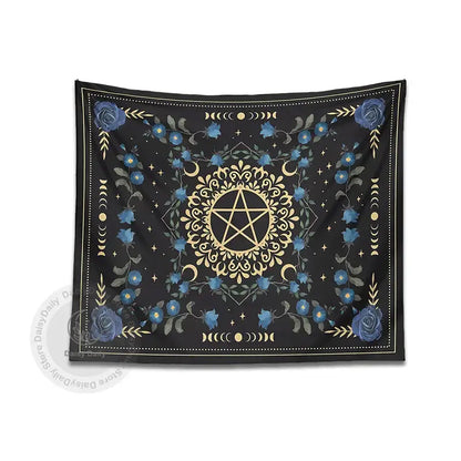 Black tapestry wall hanging featuring a gold pentagram with blue rose moon floral and decorbites blue rose accents