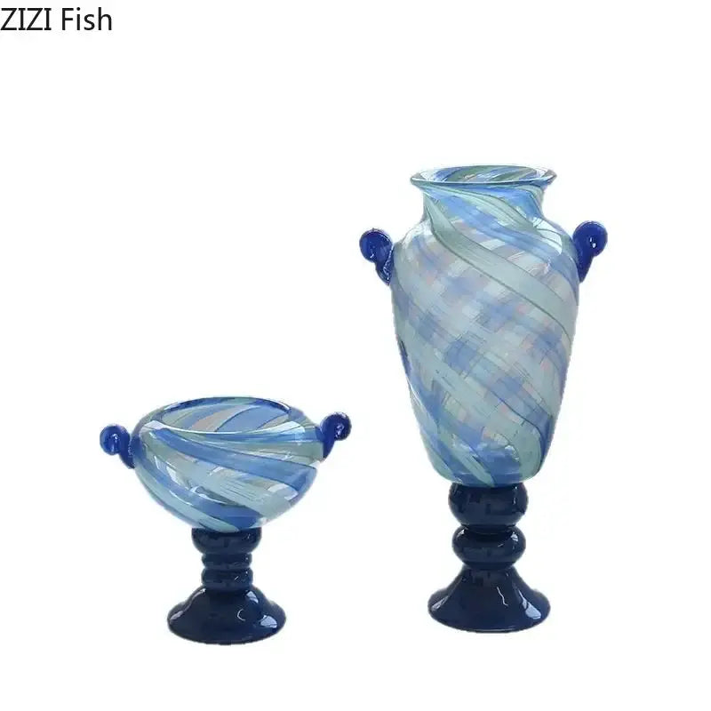 Blue stripe glass swirl vase with dark blue handles and bases ideal for living room hydroponic plant decorbites blue stripe