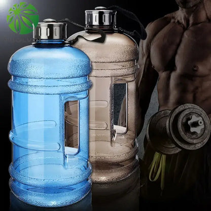 Blue translucent sports water bottle made of plastic with metallic caps and black straps for fitness gym and kitchen use