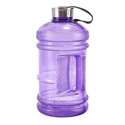 Purple translucent plastic sports water bottle with silver cap and black loop for fitness gym and kitchen use