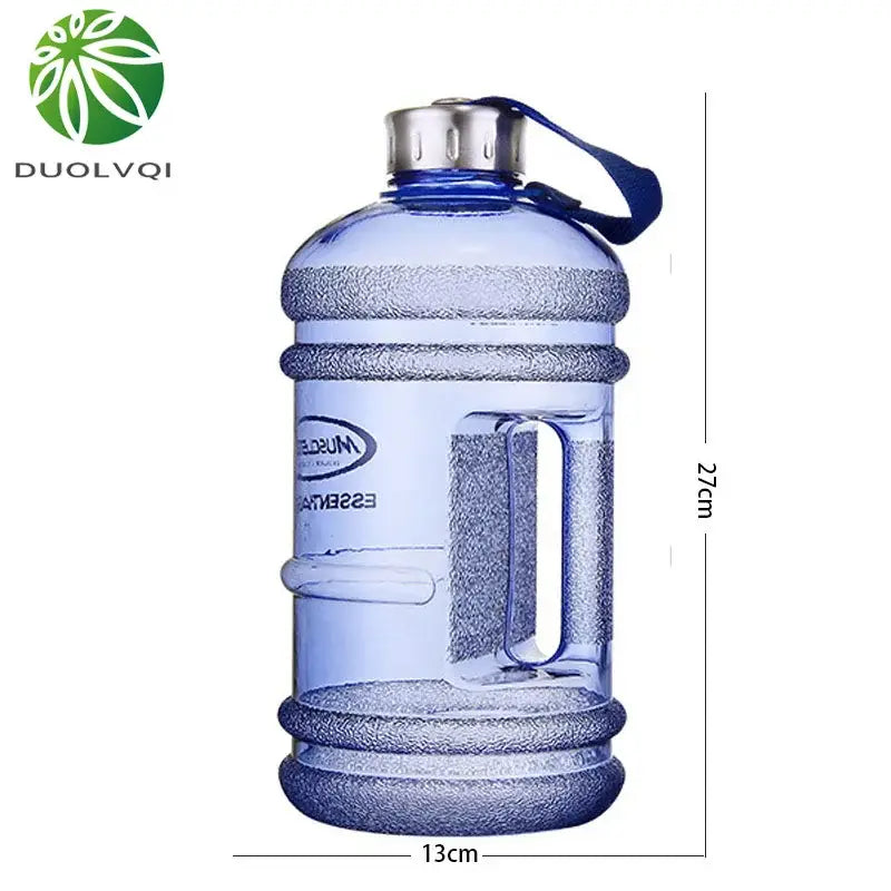 Blue translucent sports water bottle with textured grip bands, silver screw-on cap, and integrated handle for fitness use