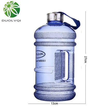 Blue translucent sports water bottle with textured grip bands, silver screw-on cap, and integrated handle for fitness use