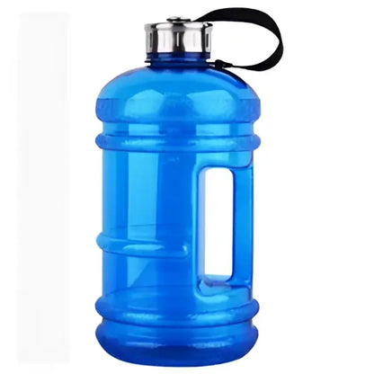 Blue translucent plastic sports water bottle with silver metal cap and black loop for fitness gym and kitchen use