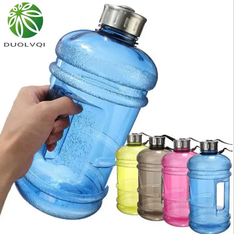 Blue translucent plastic sports water bottle with silver screw-on cap and handle for fitness gym and kitchen use