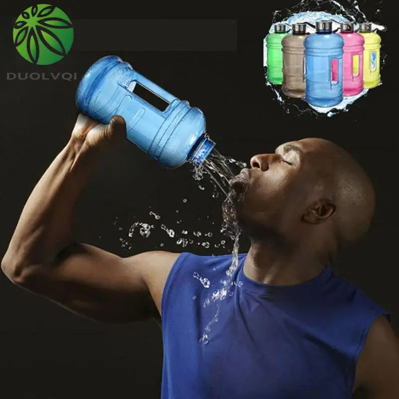 Blue translucent plastic sports water bottle with handle and screw-on cap for fitness gym and kitchen use