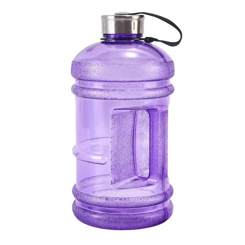 Purple translucent plastic sports water bottle with silver cap and black loop for fitness gym and kitchen use