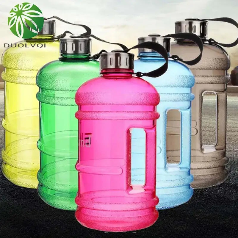 Vibrant translucent sports water bottles in blue yellow green pink and brown with metallic caps and carrying straps for fitness gym and kitchen use