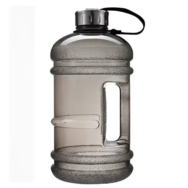 Gray translucent plastic sports water bottle with black looped cap for fitness gym and kitchen use