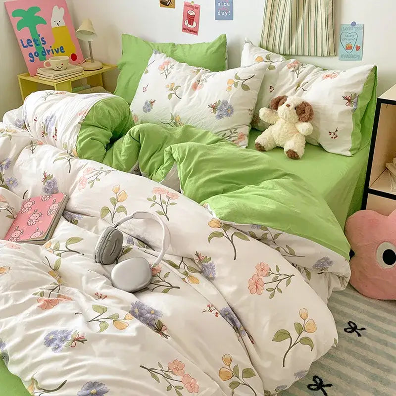 Green and white floral patterned bedding sets with soft plush texture in decorbites cloud cotton printed quilt set