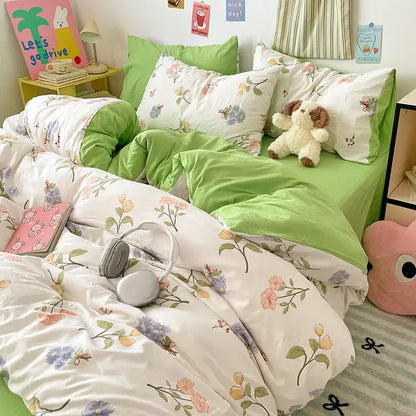 Green and white floral patterned bedding sets with soft plush texture in decorbites cloud cotton printed quilt set
