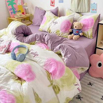 Blue and white bunny cloud cotton printed bedding sets featuring pastel purple and pink tulip patterned duvet with plush texture