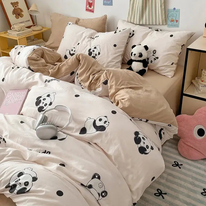 Cream-colored duvet cover with black panda and polka dot prints from decorbites cloud cotton printed bedding sets