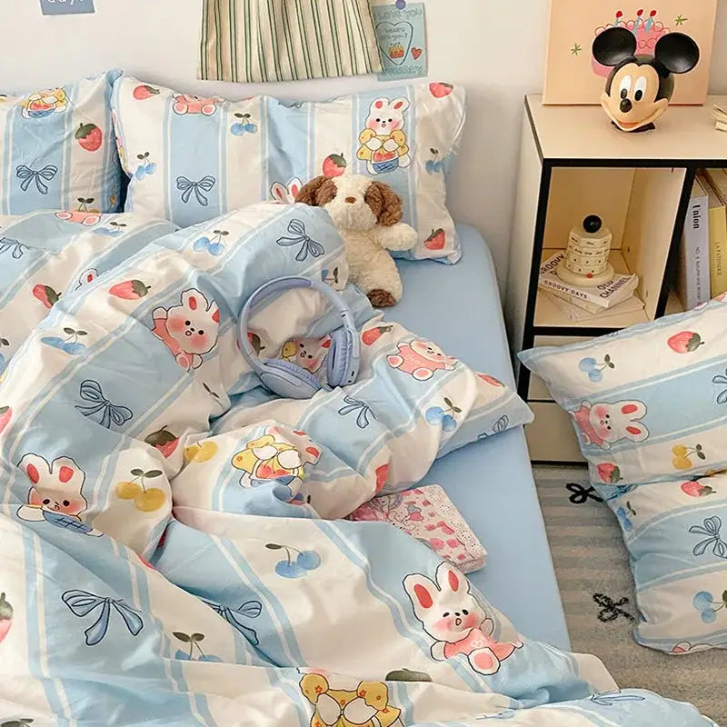 Blue and white bunny cloud cotton printed bedding sets featuring pastel cartoon bunnies cherries and bows in soft fabric