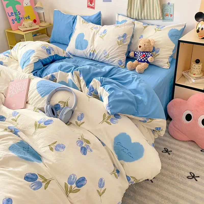 Blue and white bunny cloud cotton printed bedding sets featuring tulip patterns and heart accents for bedroom decorbites cloud cotton