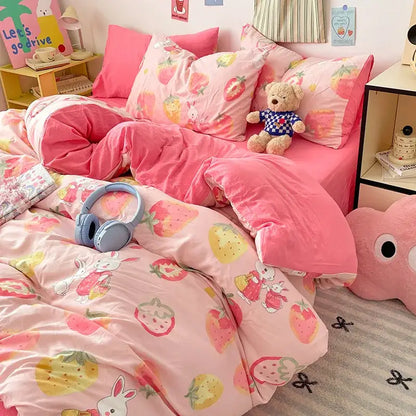 Pink strawberry and bunny patterned soft plush fabric bedding set inspired by decorbites cloud cotton printed design