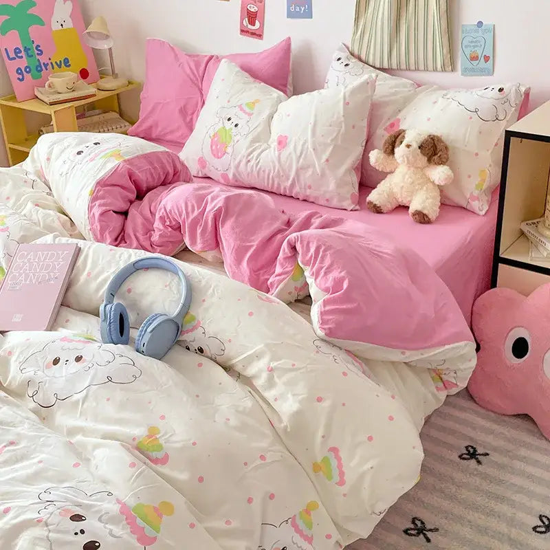 Pink and white cartoon-themed bedding sets featuring decorbites cloud cotton with fluffy stuffed animal accents
