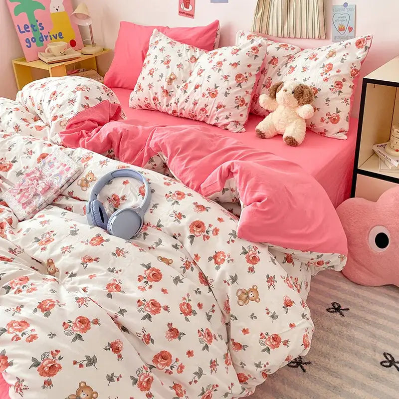 Pink floral duvet set with teddy bear motifs and matching pillowcases from decorbites cloud cotton printed bedding sets