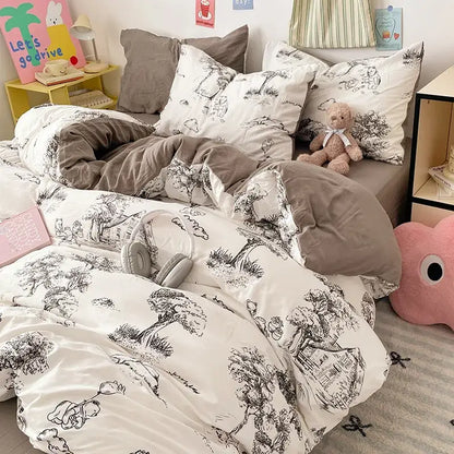 White duvet set with black ink-style tree and animal illustrations on soft cotton cloud cotton printed bedding sets by decorbites