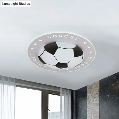 Blue and white football led flush mount kids bedroom light with black and white soccer ball design and soccer lettering flush mount