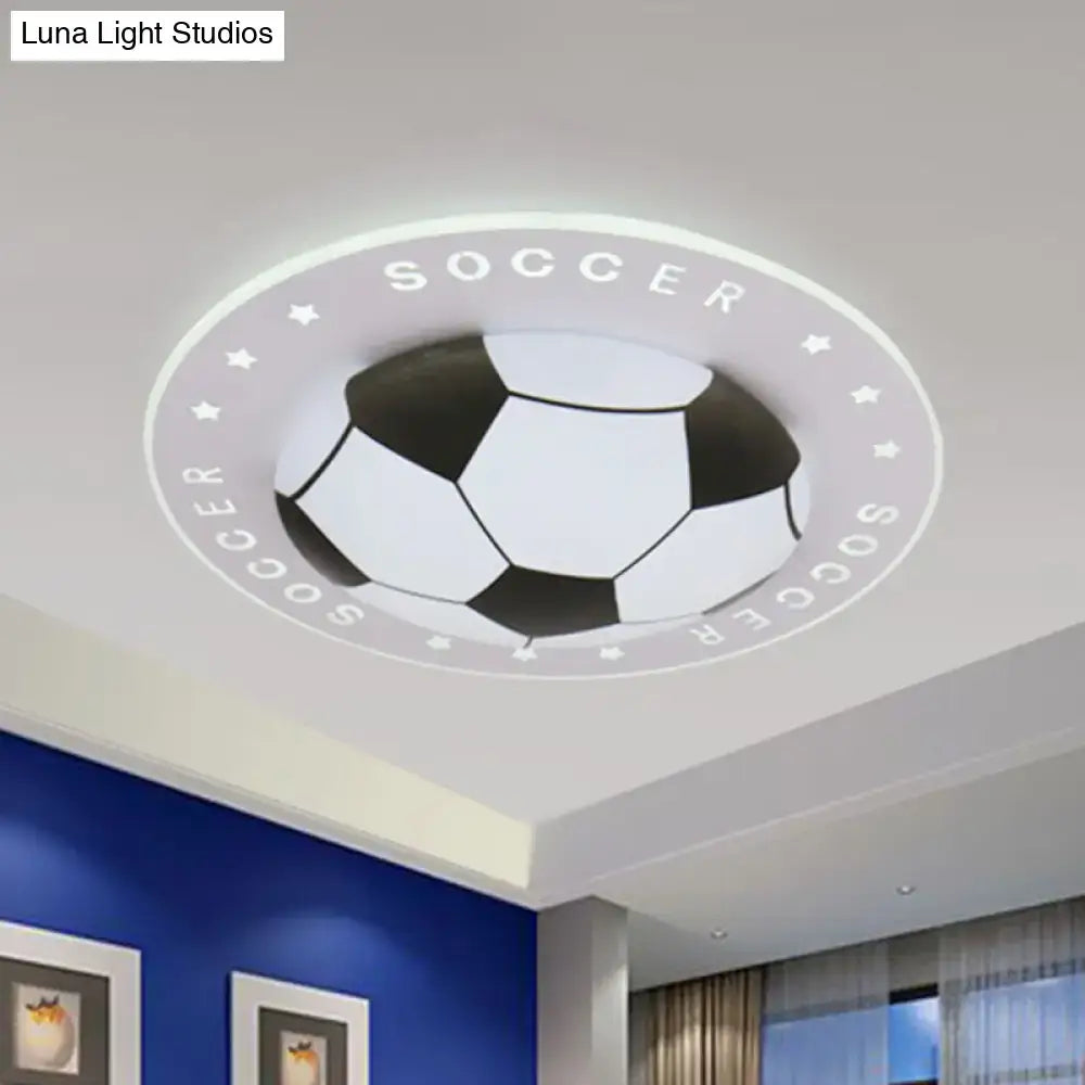 Blue and white football led flush mount kids bedroom light with black and white soccer ball design and repeated soccer text