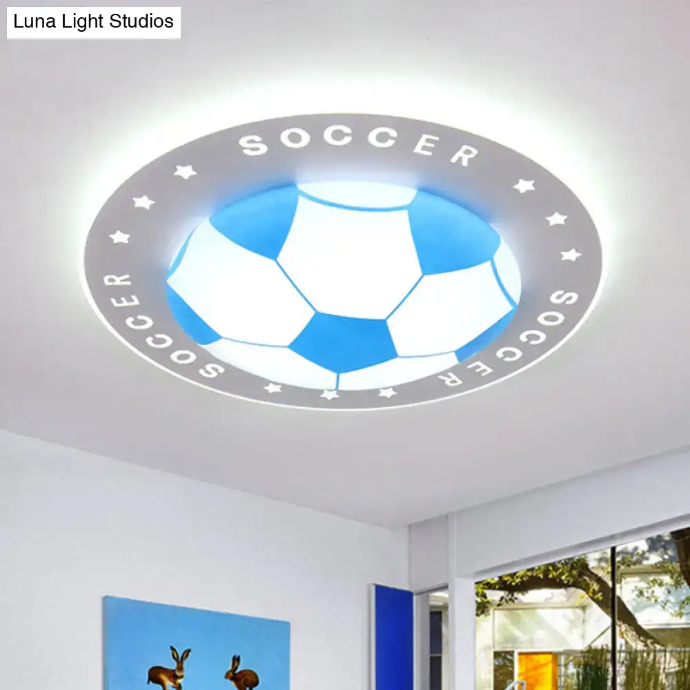 Blue and white soccer ball themed led flush mount kids bedroom light with gray circular border featuring soccer text
