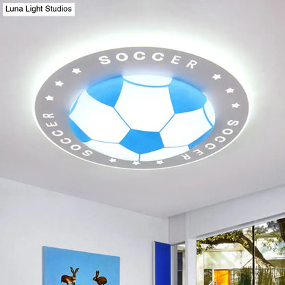 Blue and white soccer ball themed led flush mount kids bedroom light with gray circular border featuring soccer text