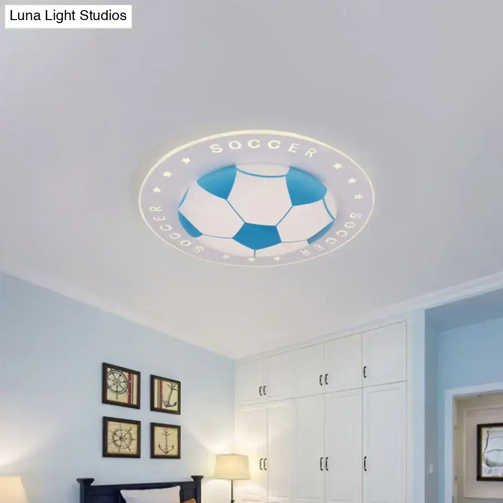 Blue and white soccer ball led flush mount ceiling light with soccer lettering for kids bedroom illumination
