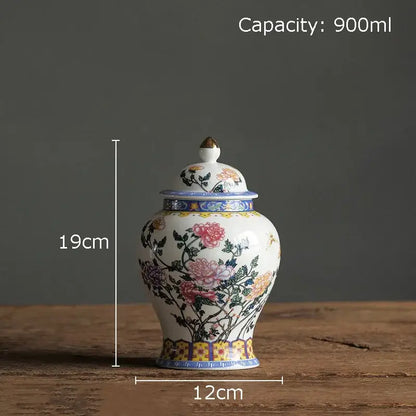 White porcelain jar with gold plating featuring colorful floral patterns for living room decor