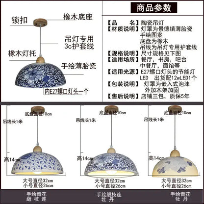 Blue white porcelain pendant chandelier with hand-painted floral designs for dining room decorbites blue white