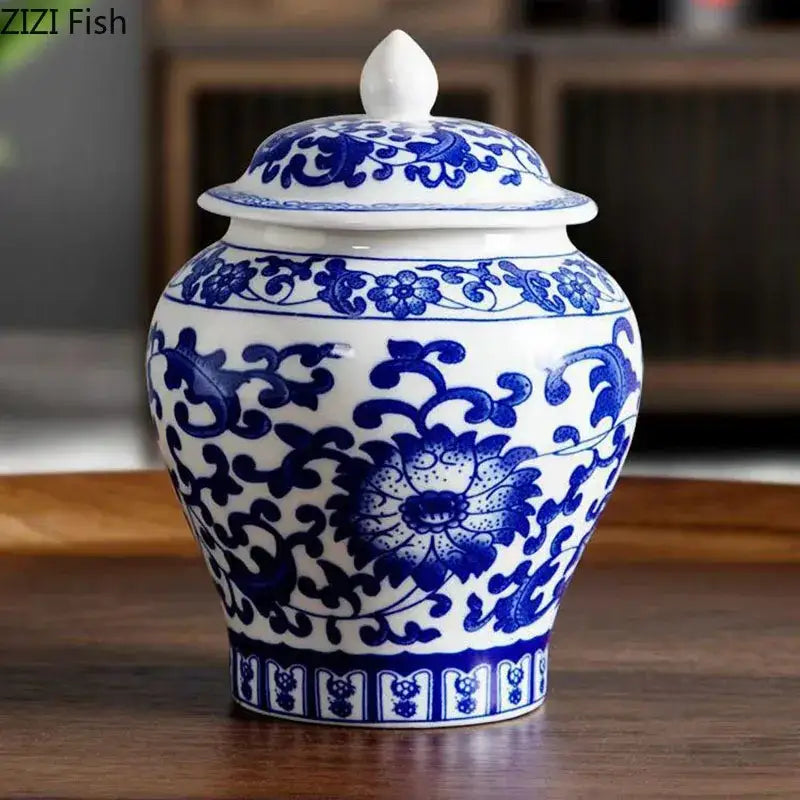 Blue and white white porcelain tea canister with intricate floral patterns and matching lid for kitchen storage