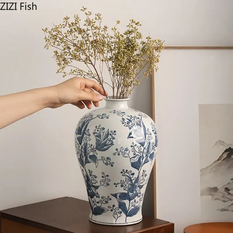 White porcelain vase with blue white porcelain floral and bird patterns decorbites blue white living room decor