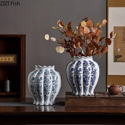 Blue and white porcelain vase set with intricate floral patterns featuring artificial flowers for porcelain vase desk decor