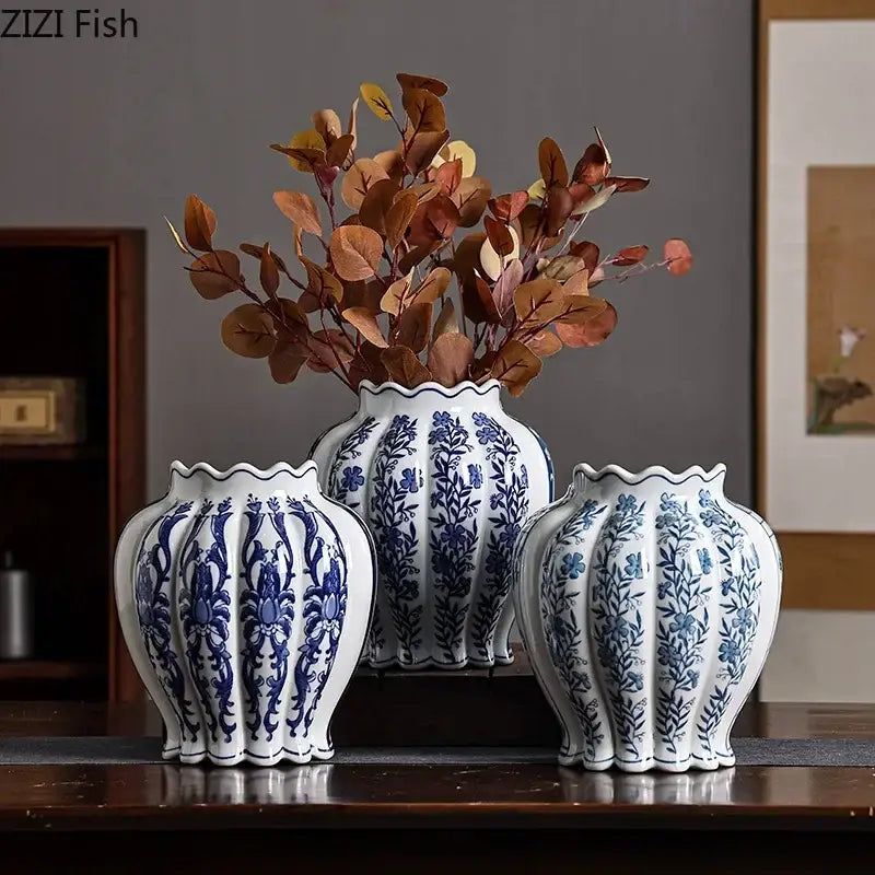 Three elegant blue and white porcelain vase desk set with scalloped edges and artificial flowers for decor