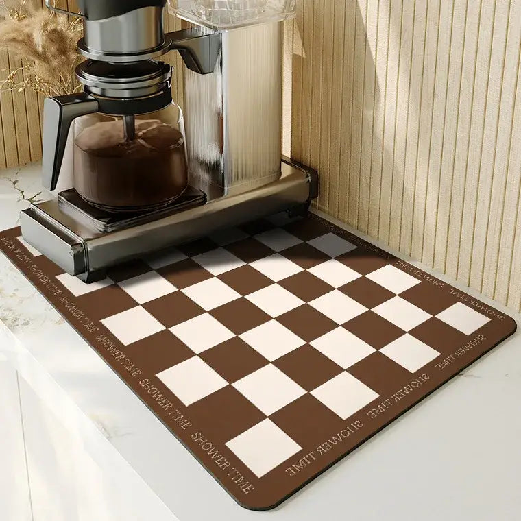 Blue and yellow dining table mat set featuring a brown and white checkered coffee mat with slow down text decorbites dining table decor